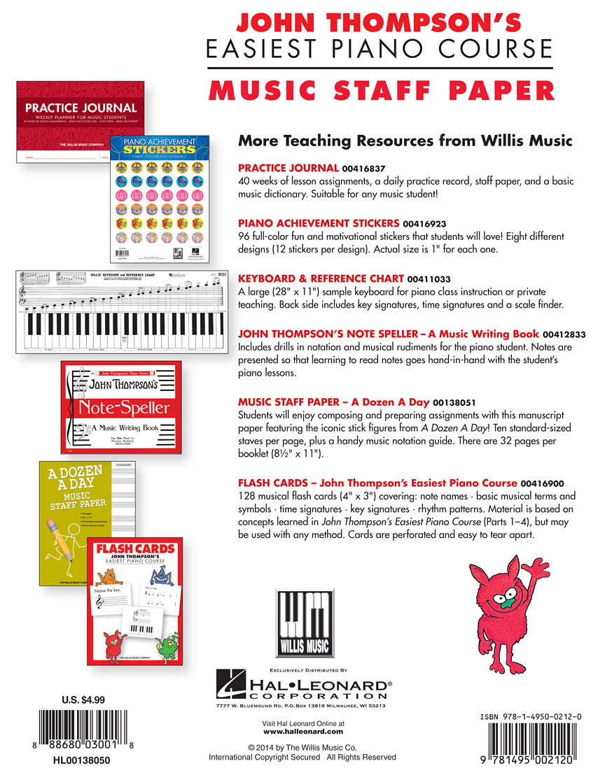 John Thompson's Easiest Piano Course – Music Staff Paper - sample page 2