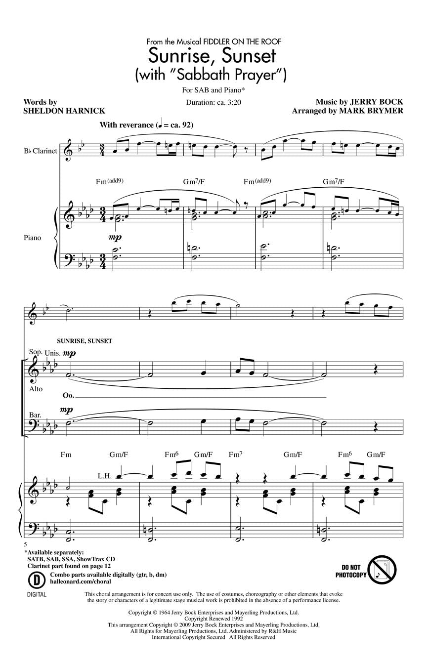 Sunrise, Sunset (with Sabbath Prayer) - sample page 1