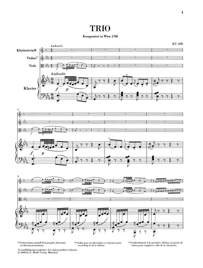 Trio in E-flat Major K. 498 (Kegelstatt) - sample page 1