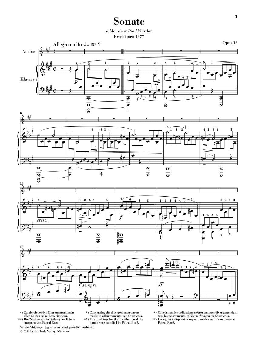 Sonata No. 1 in A Major, Op. 13 for Violin and Piano - sample page 1