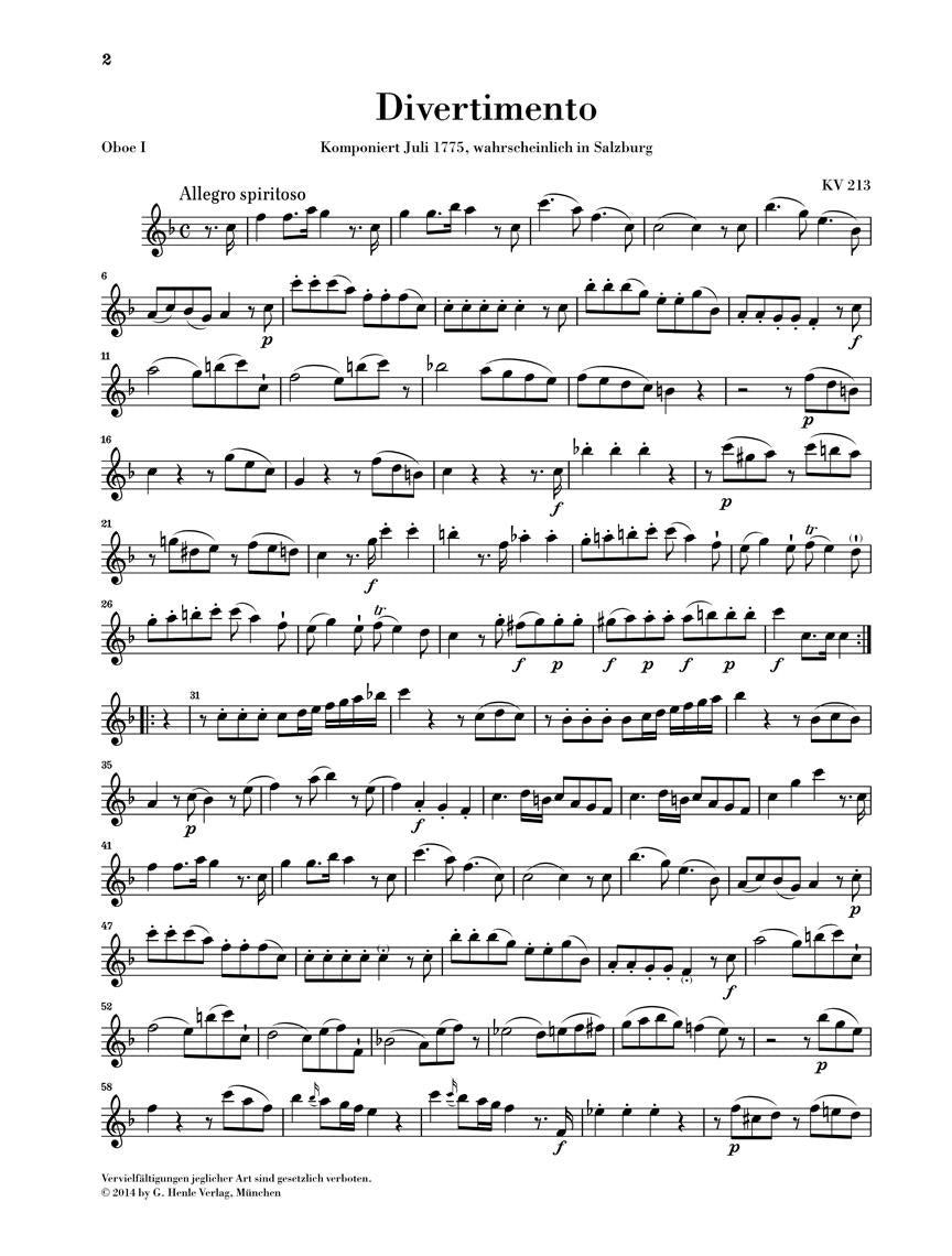 Divertimenti for 2 Oboes, 2 Horns and 2 Bassoons - sample page 1