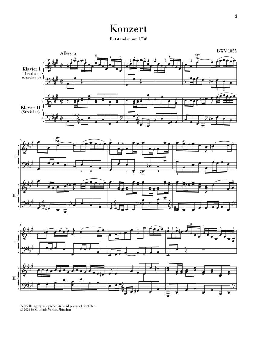 Harpsichord Concerto No. 4, A Major, BWV 1055 - sample page 1