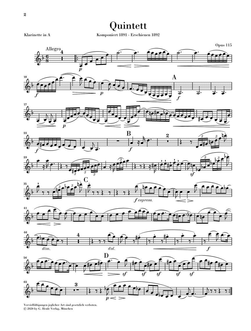 Clarinet Quintet in B Minor, Op. 115 - sample page 1