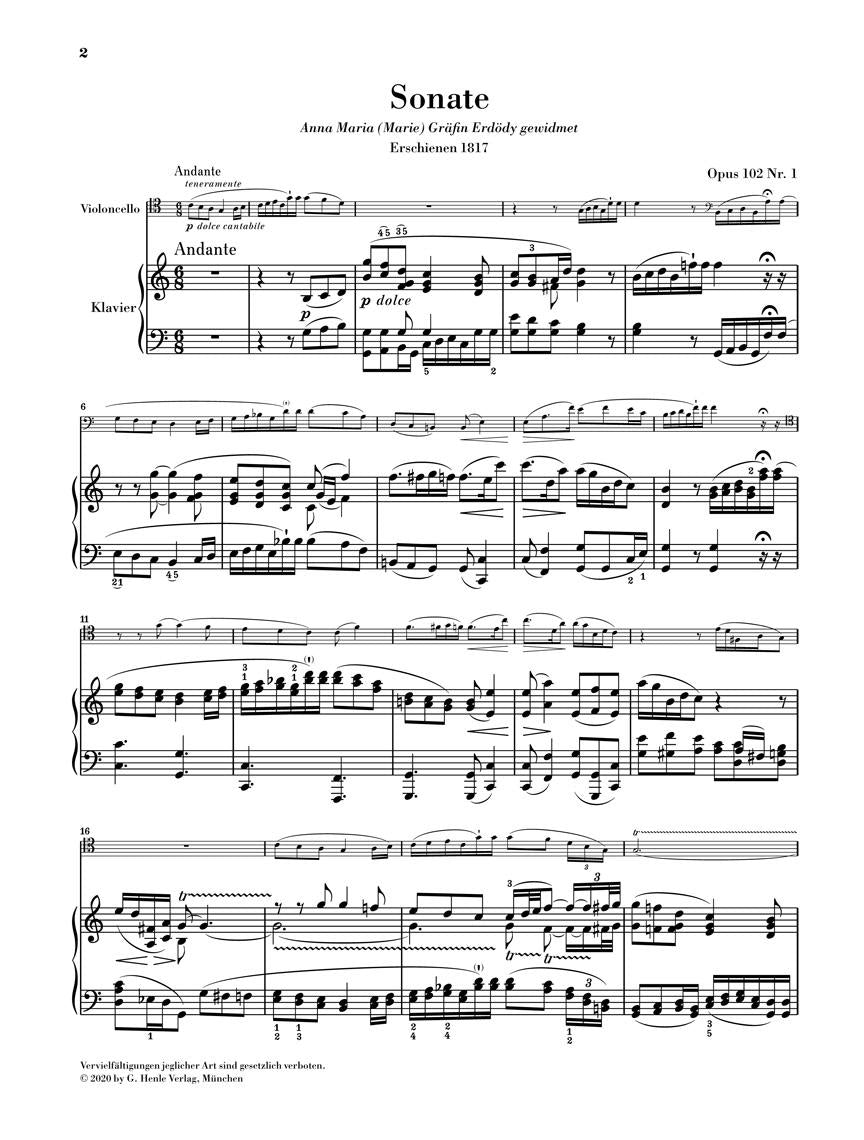 Cello Sonata in C Major, Op. 102, No. 1 - sample page 1