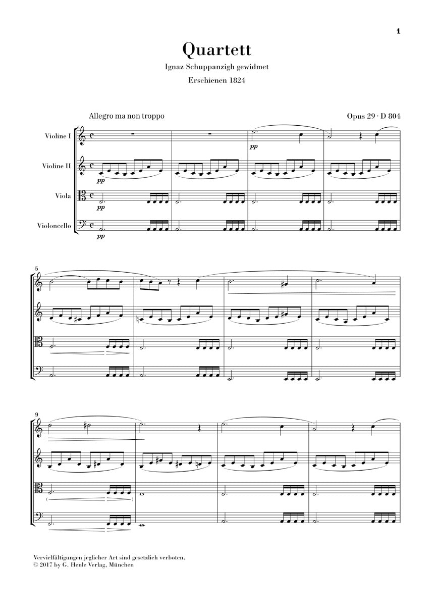 String Quartet in A Minor, Op. 29, D. 804 “Rosamunde” - sample page 1