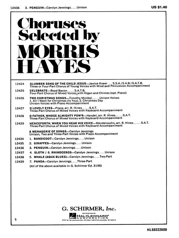 Product Cover for Penguin Unison 2 And 3 Part Voices And Piano Accomp(# 3 From A Menagerie Of Song S)