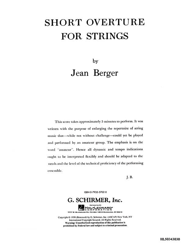 Product Cover for Short Overture for Strings