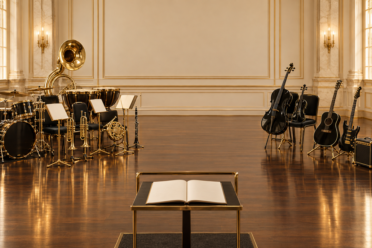 Grand rehearsal hall with instruments framing an open center
