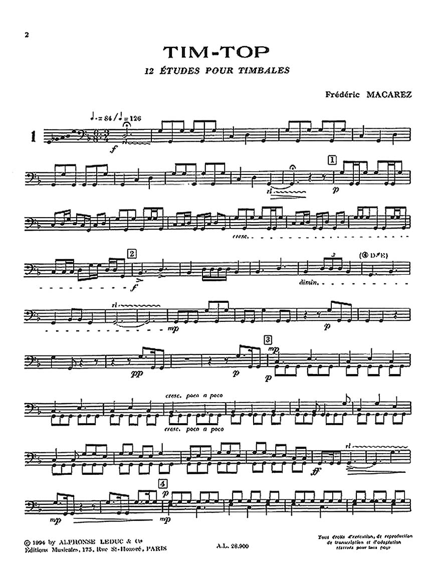 Macarez Tim Top 12 Etudes Timbales Kettledrum Technical Studies Book - sample page 2