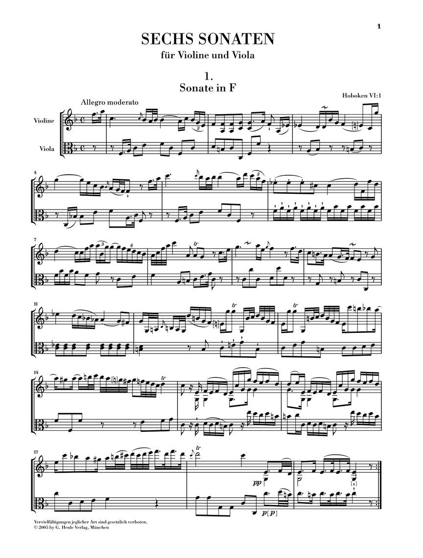 6 Sonatas for Violin and Viola - sample page 1