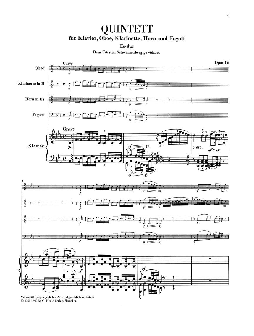 Quintet for Piano and Wind Instruments in E-flat Major, Op. 16 - sample page 1