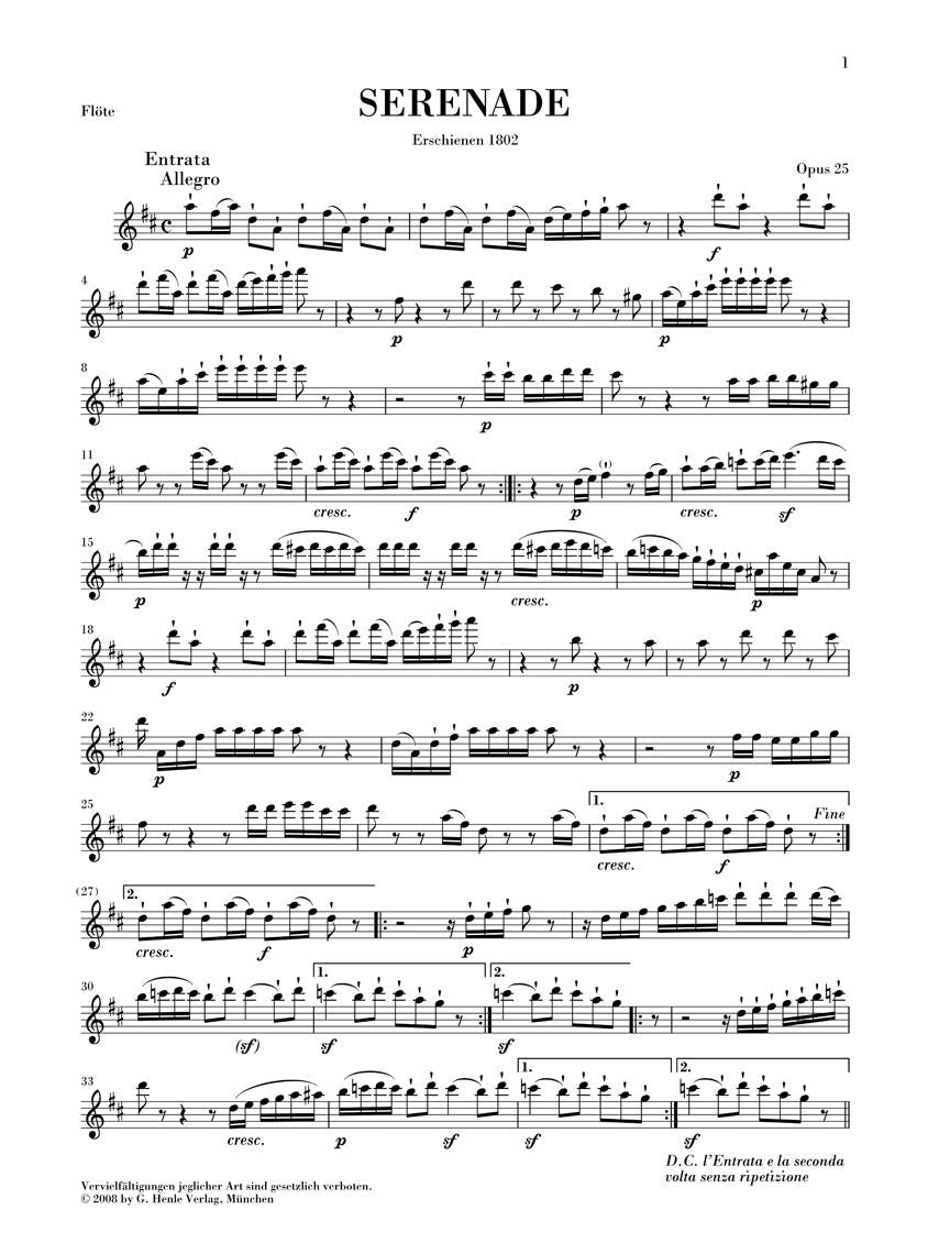 Serenade in D Major Op. 25 for Flute, Violin and Viola – Revised Edition - sample page 1