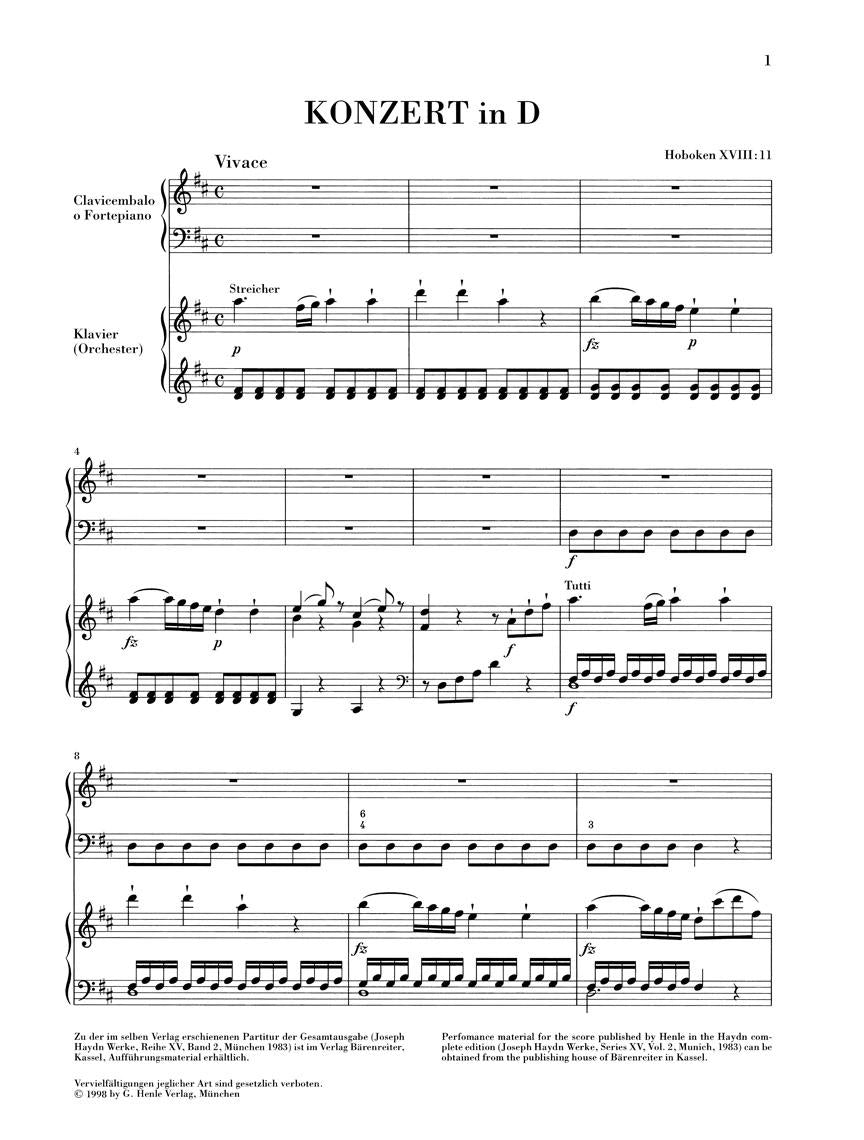 Concerto for Piano (Harpsichord) and Orchestra D Major Hob.XVIII:11 - sample page 1