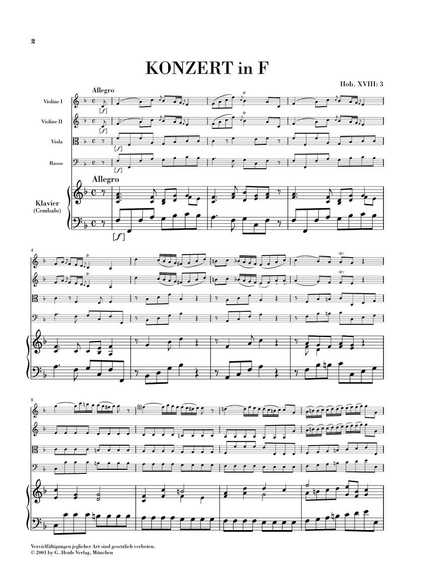 Concerto for Piano (Harpsichord) and Orchestra F Major Hob.XVIII:3 - sample page 1
