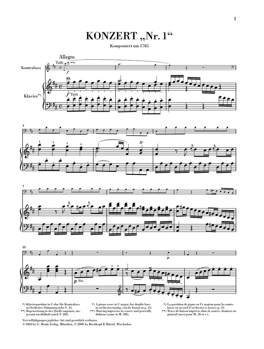 Concerto No. 1 for Double Bass and Orchestra with Violin Obbligato - sample page 1