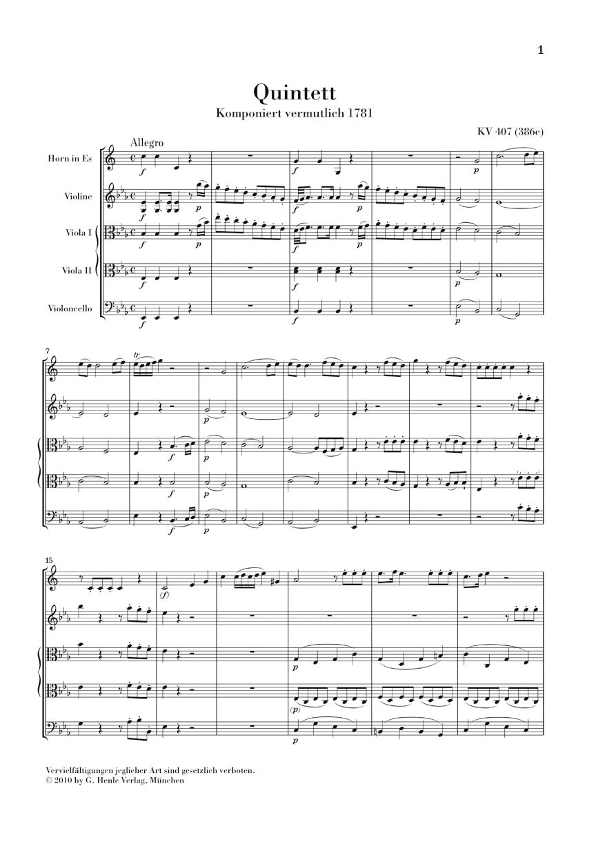 Horn Quintet in E-flat Major KV 407 (386c) - sample page 1