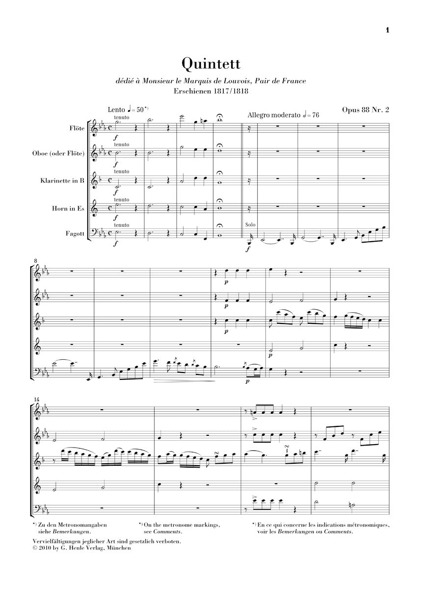 Quintet for Wind Instruments in E-flat Major, Op. 88 No. 2 - sample page 1