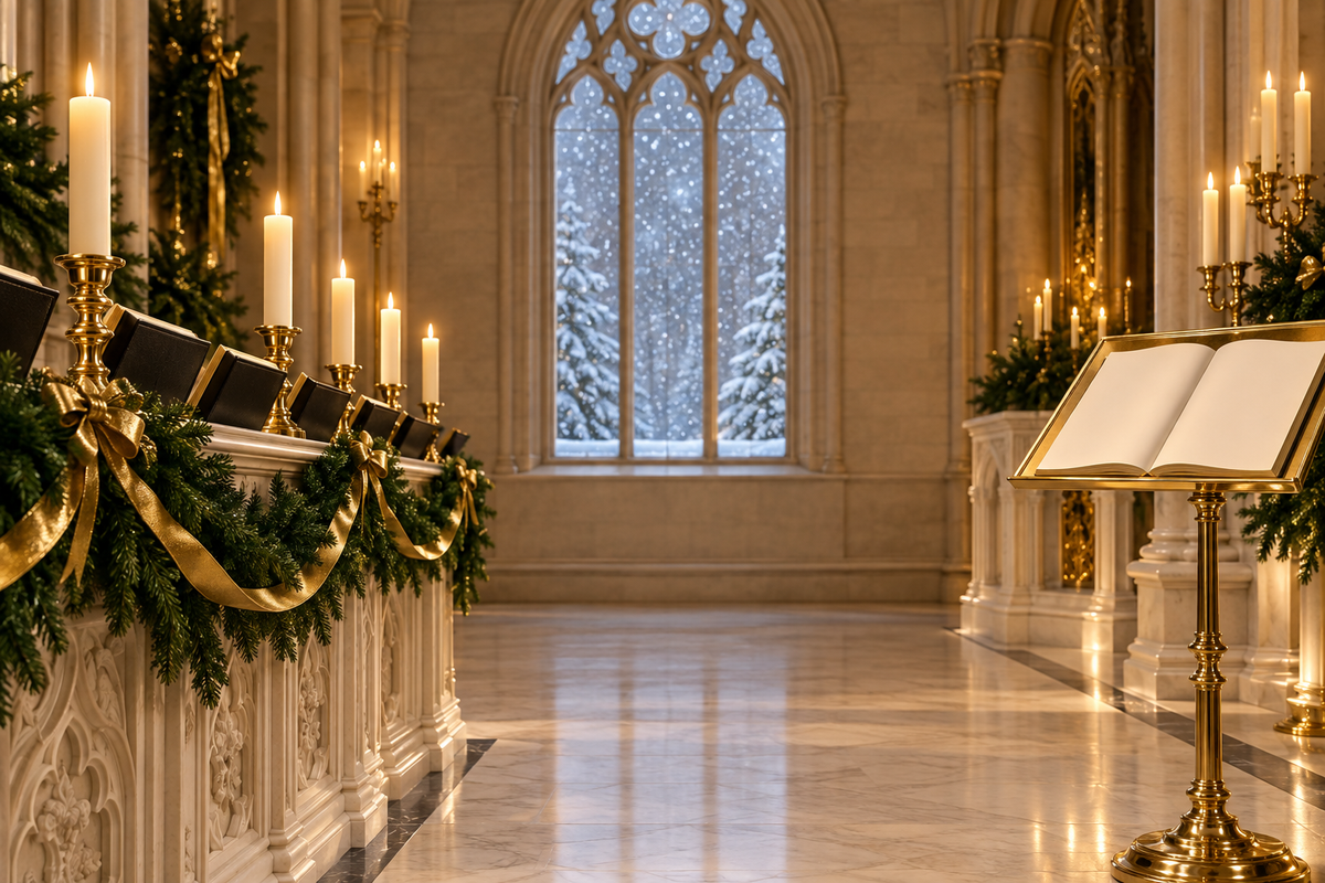 Candlelit Christmas chapel with open center space